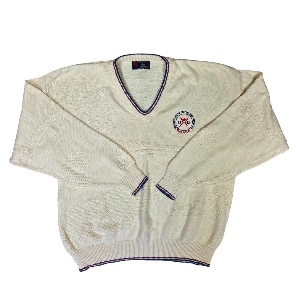 Vintage Isle of Cotton Mens XL Cream Textured V-Neck Sweater MUCA Made in USA